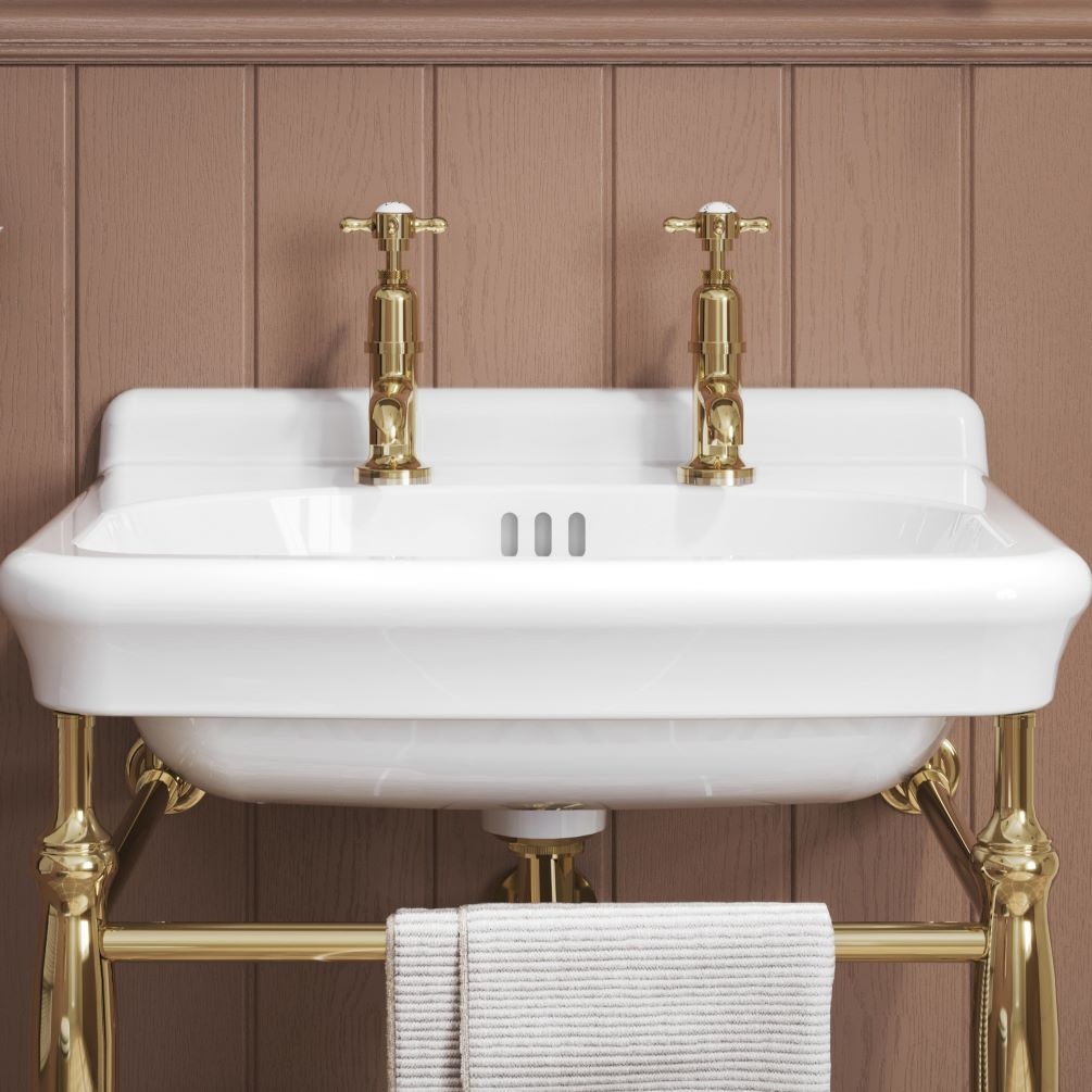 Close up lifestyle image of Burlington Guild Gold Basin Pillar Tap